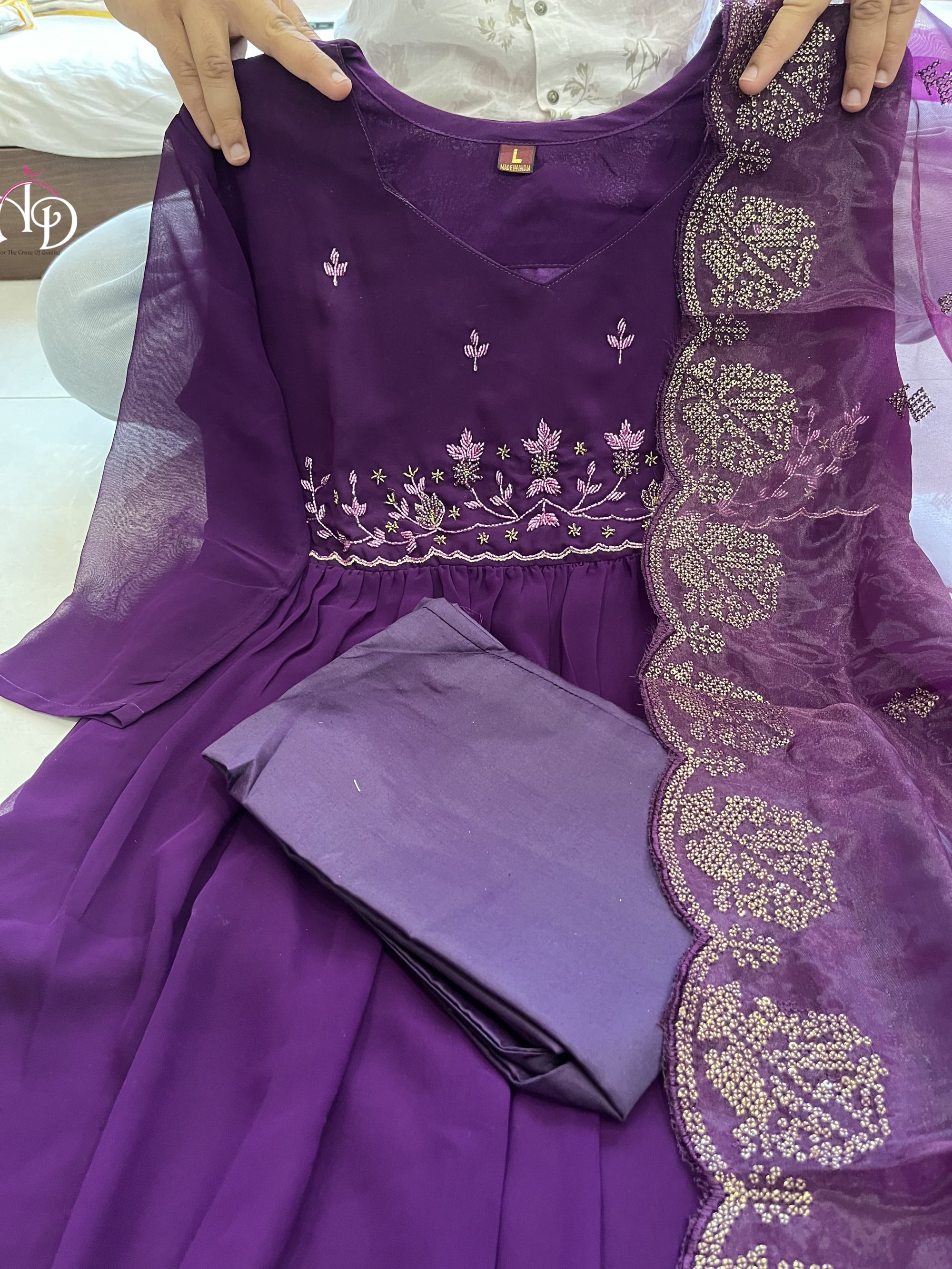Wine Embroidered Long Flared Kurta Set with Dupatta