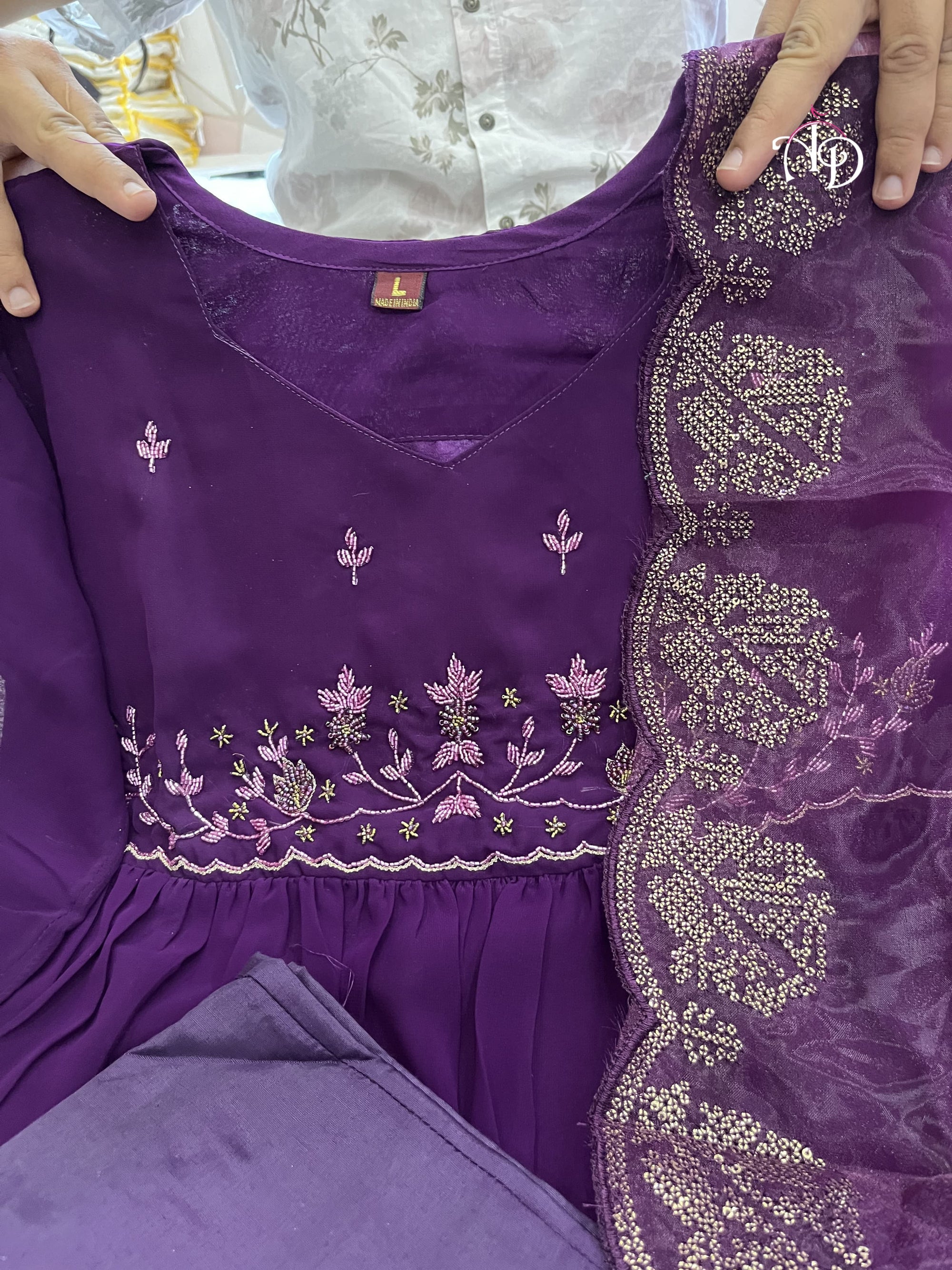 Wine Embroidered Long Flared Kurta Set with Dupatta
