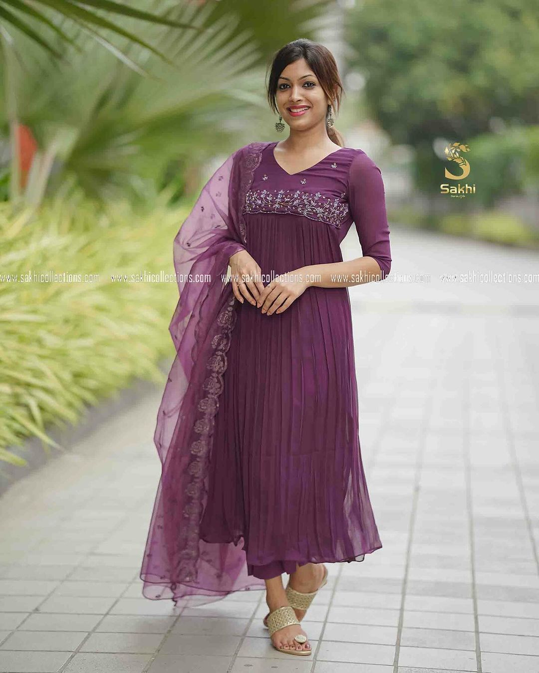Wine Embroidered Long Flared Kurta Set with Dupatta