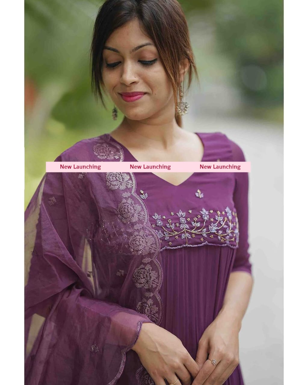 Wine Embroidered Long Flared Kurta Set with Dupatta