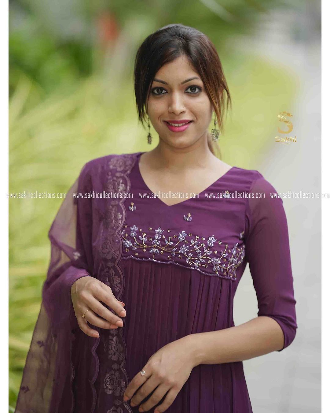 Wine Embroidered Long Flared Kurta Set with Dupatta