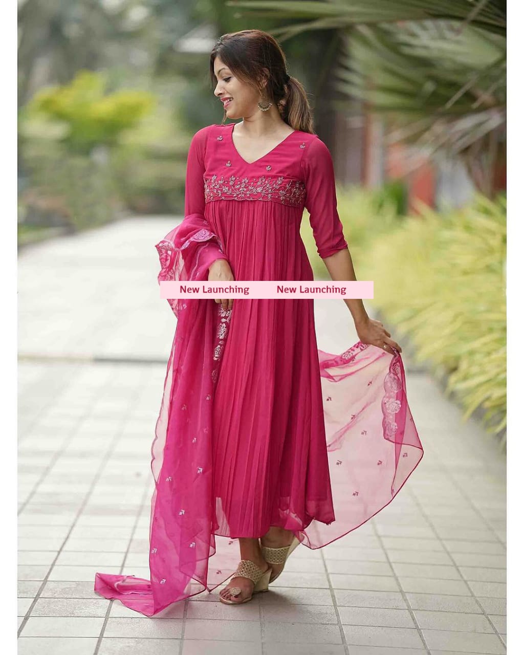 Wine Embroidered Long Flared Kurta Set with Dupatta