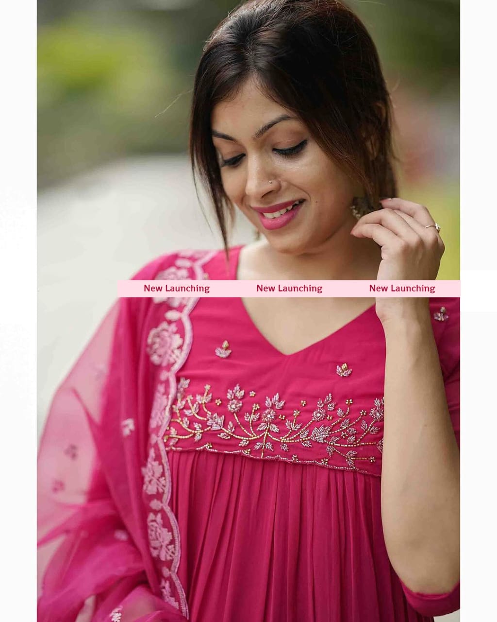Wine Embroidered Long Flared Kurta Set with Dupatta