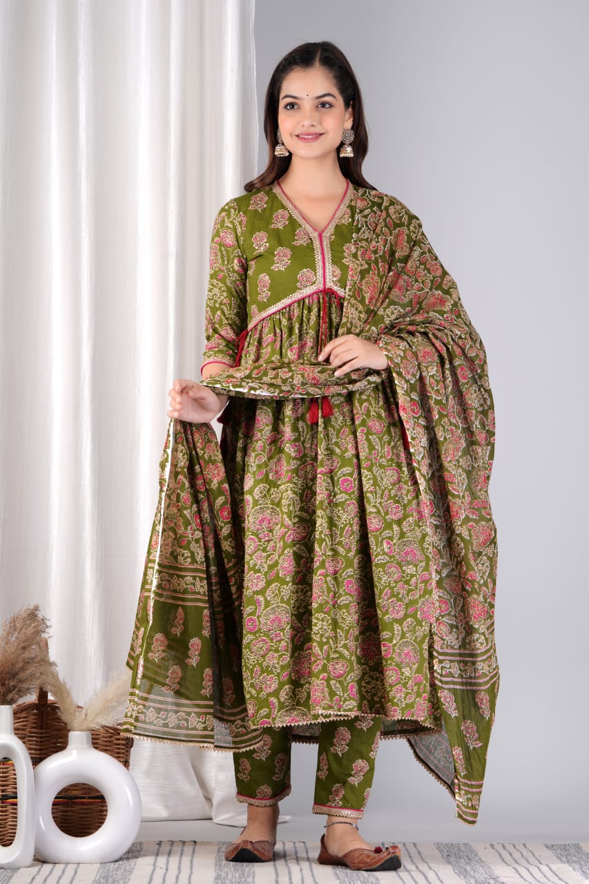 Cotton Printed Kurti with Pant and Dupatta Set
