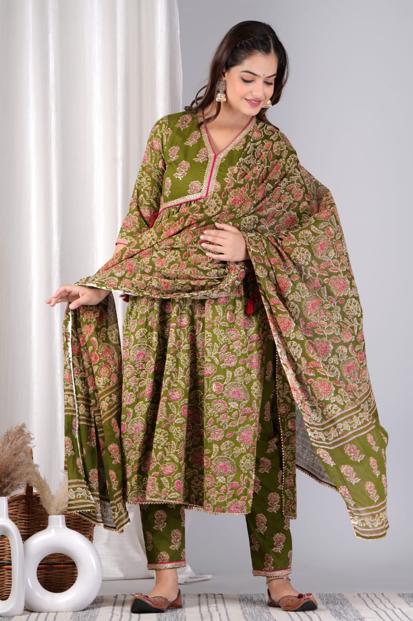 Cotton Printed Kurti with Pant and Dupatta Set
