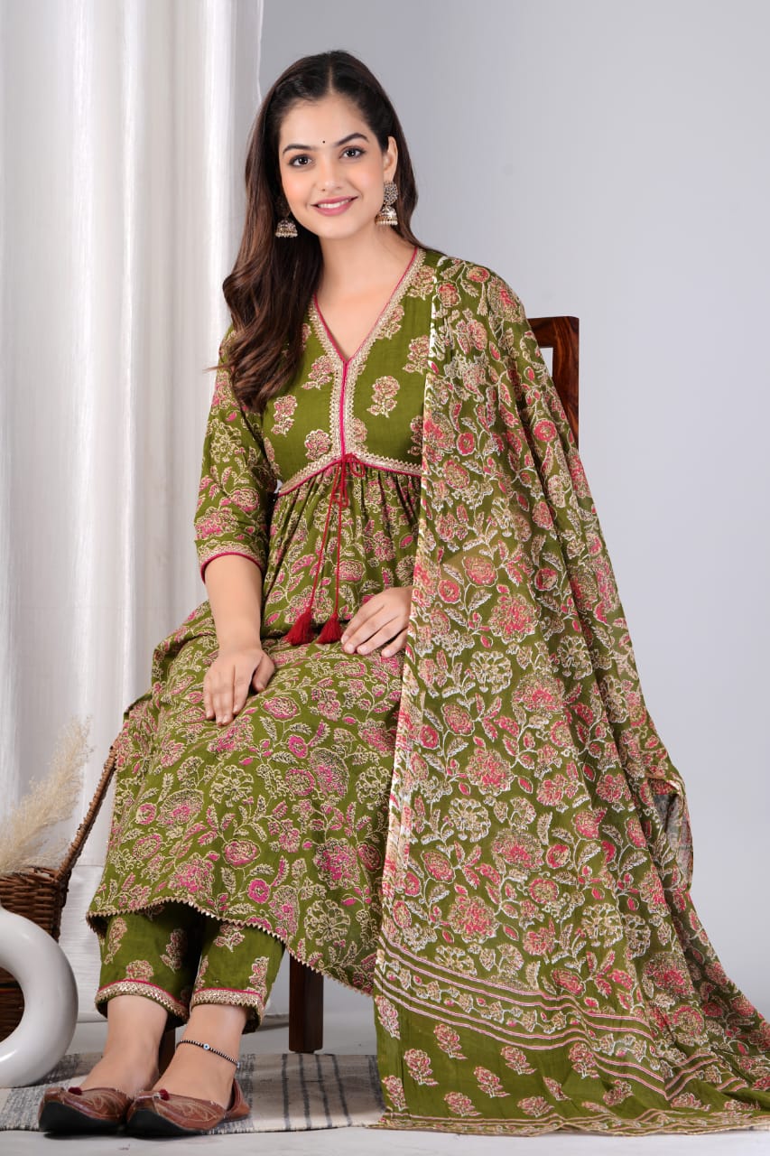 Cotton Printed Kurti with Pant and Dupatta Set