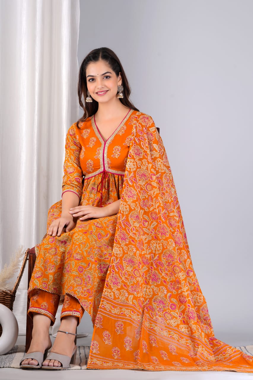 Cotton Printed Kurti with Pant and Dupatta Set