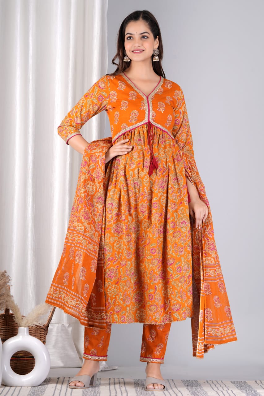 Cotton Printed Kurti with Pant and Dupatta Set