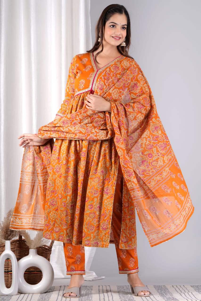 Cotton Printed Kurti with Pant and Dupatta Set