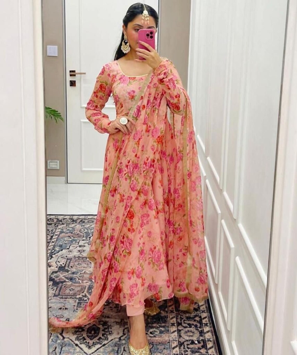 Peach Rose Pattern Tebby Anarkali Suit With Dupatta Set