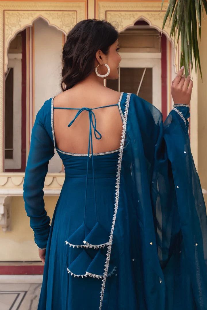 Most Attactive Party Wear Peacock Blue Color Anarkali Suit