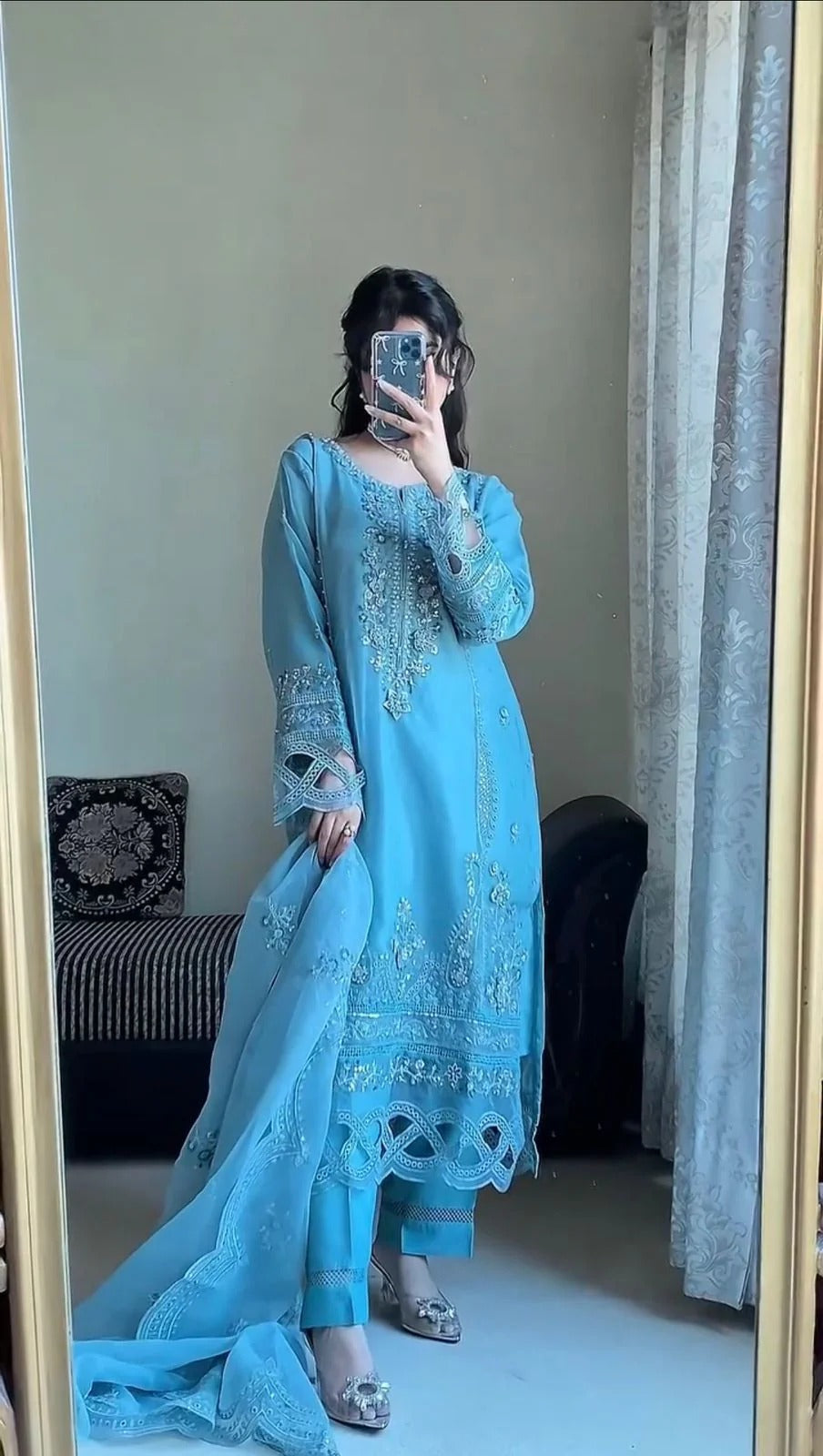 GEORGETTE FABRIC TOP AND PANT WITH DUPATTA IN SEQUENCE EMBROIDERY AND CUT WORK