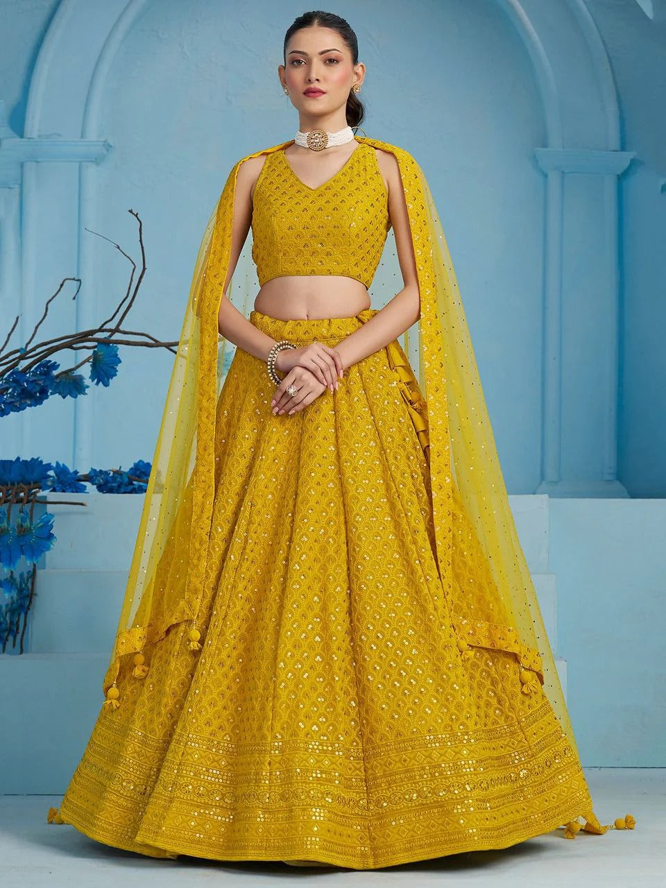 Haldi Function Special Yellow Color Embroidery Sequin Work Lehenga Choli