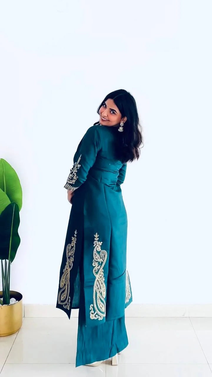 DESIGNER HEAVY ROMAN SILK TOP PLAZZO SUIT SET