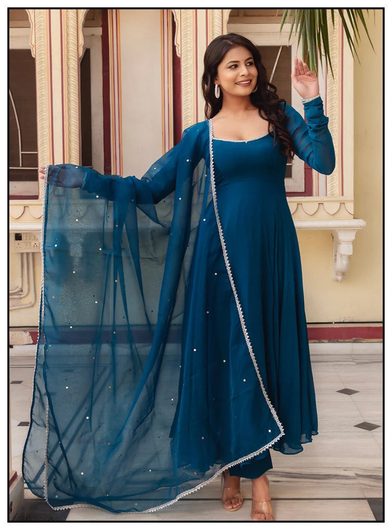 Most Attactive Party Wear Peacock Blue Color Anarkali Suit