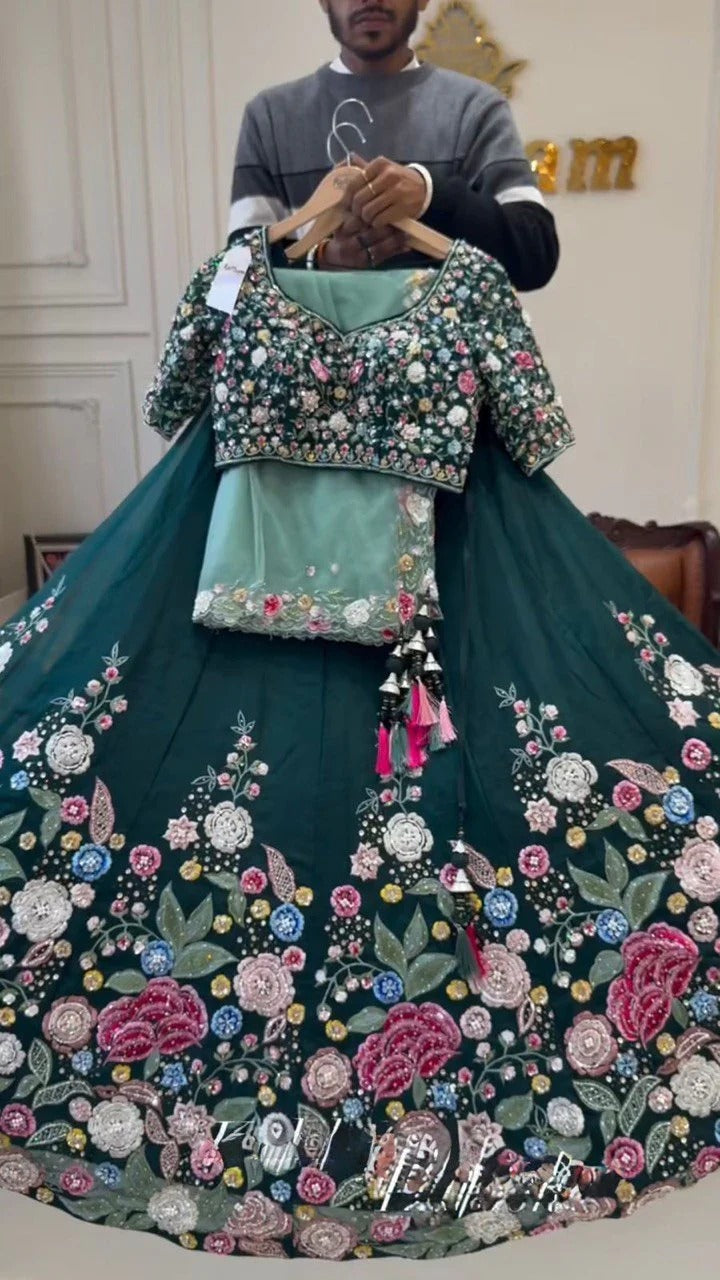 Wedding Special Semi Stitiched Green Color Lehenga Choli