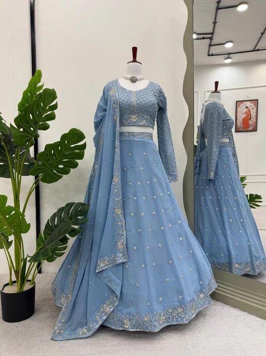Most attractive Sky Blue Color Embroidery Designer Lehenga Choli