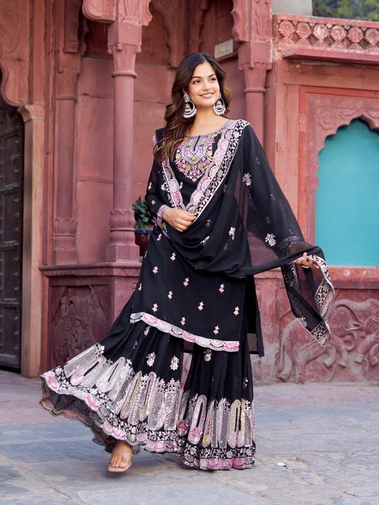 Most Trending Black Color Party Wear Sharara Suit