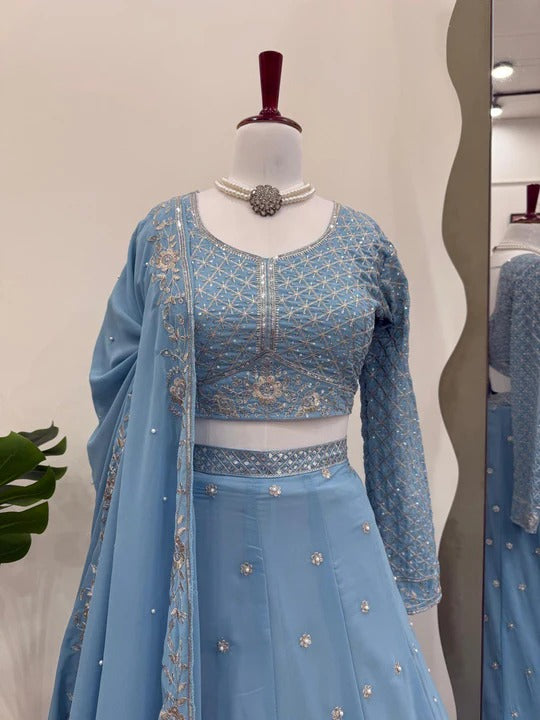 Most attractive Sky Blue Color Embroidery Designer Lehenga Choli