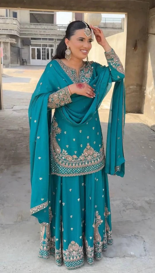 Most Trending Beautiful Chinnon Silk Sharara Suit