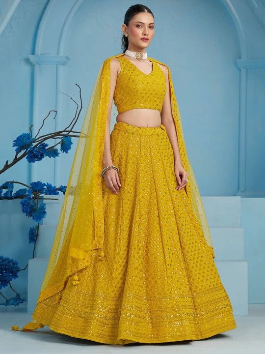 Haldi Function Special Yellow Color Embroidery Sequin Work Lehenga Choli