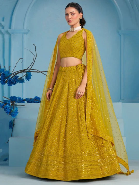 Haldi Function Special Yellow Color Embroidery Sequin Work Lehenga Choli