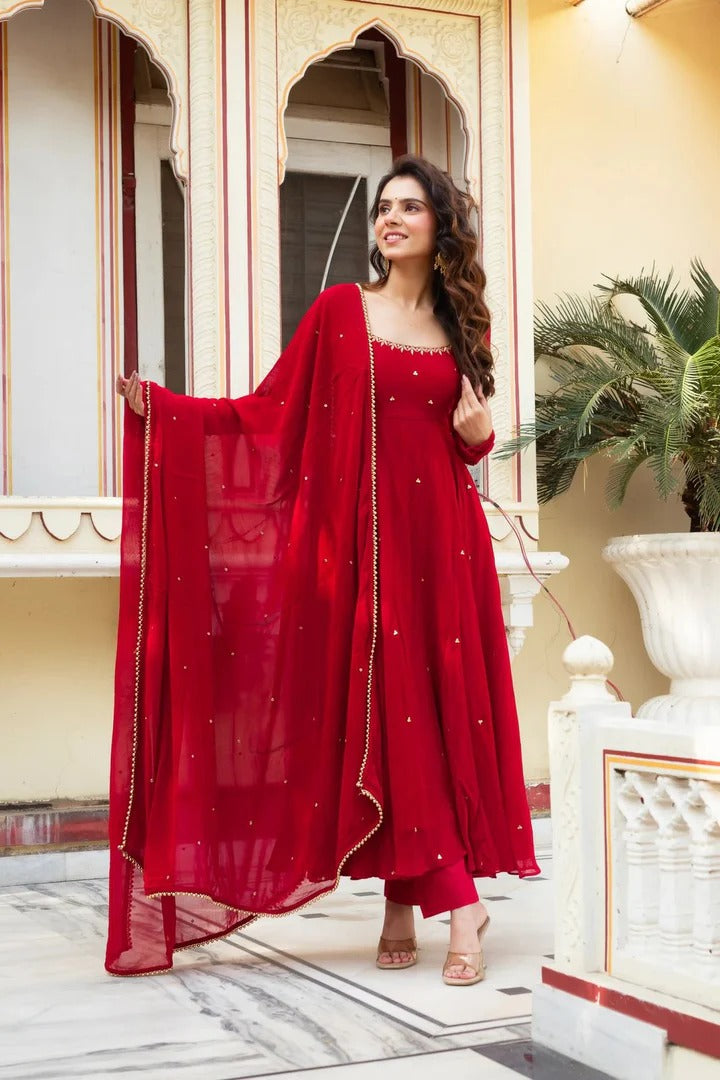 Most Trending Festive Special Fully Flair Red Color Anarkali Suit