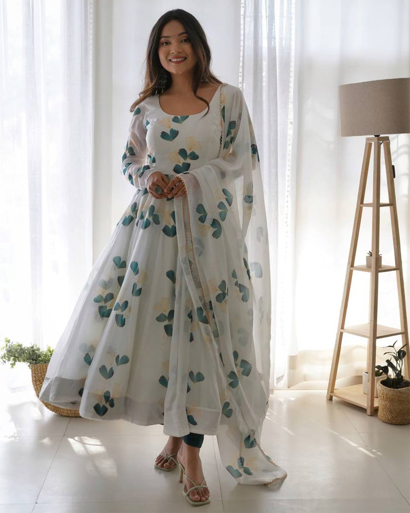 Green Leaf Print White Colour Organza Anarkali Suit With Dupatta Set