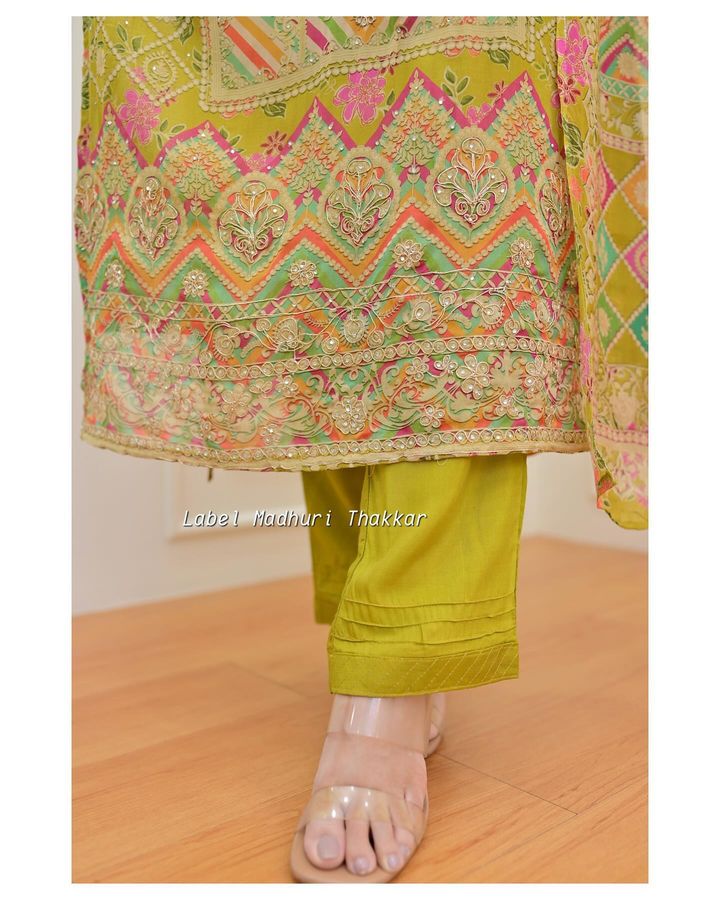 GREENISH YELLOW MIRROR HANDWORK ORGANZA SUIT SET