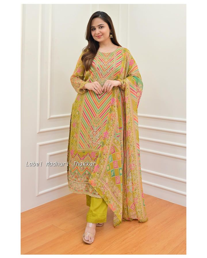 GREENISH YELLOW MIRROR HANDWORK ORGANZA SUIT SET