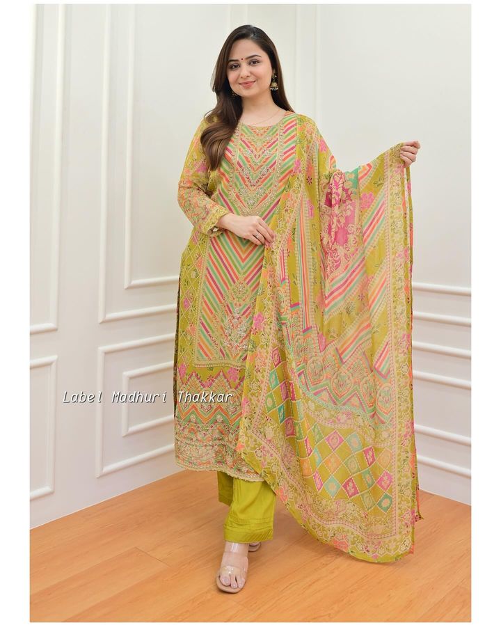 GREENISH YELLOW MIRROR HANDWORK ORGANZA SUIT SET