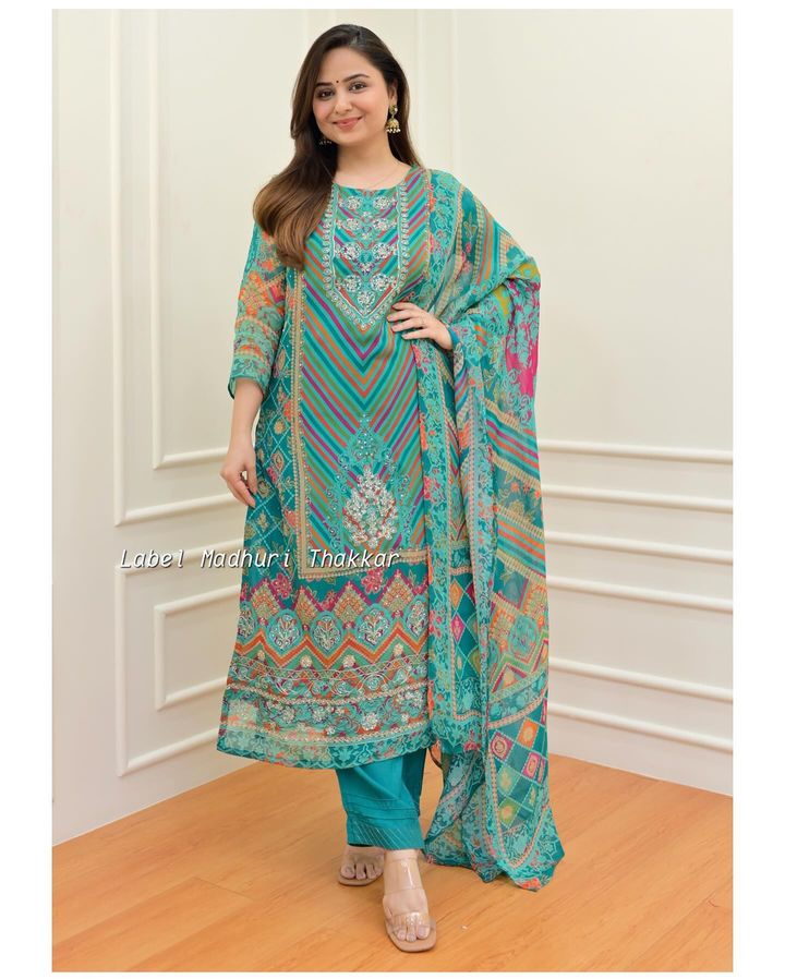 RAMA GREEN MIRROR HANDWORK ORGANZA SUIT SET