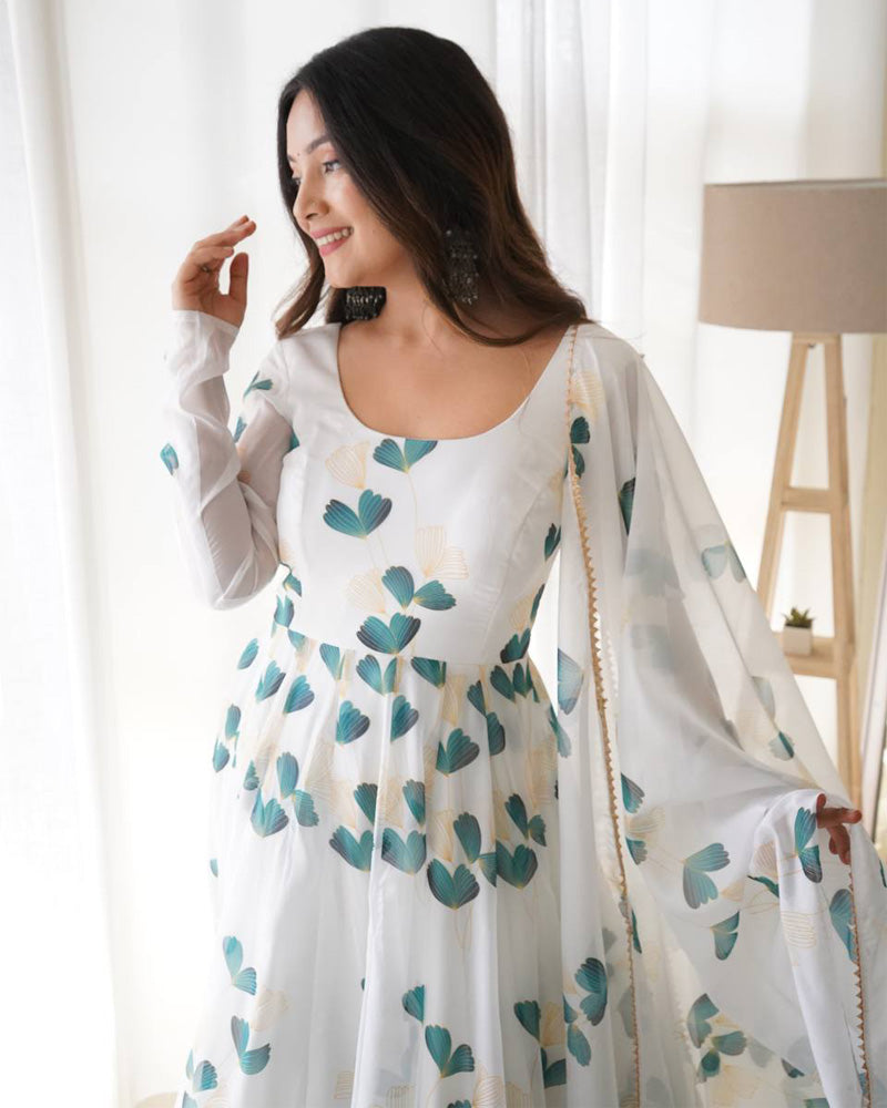 Green Leaf Print White Colour Organza Anarkali Suit With Dupatta Set