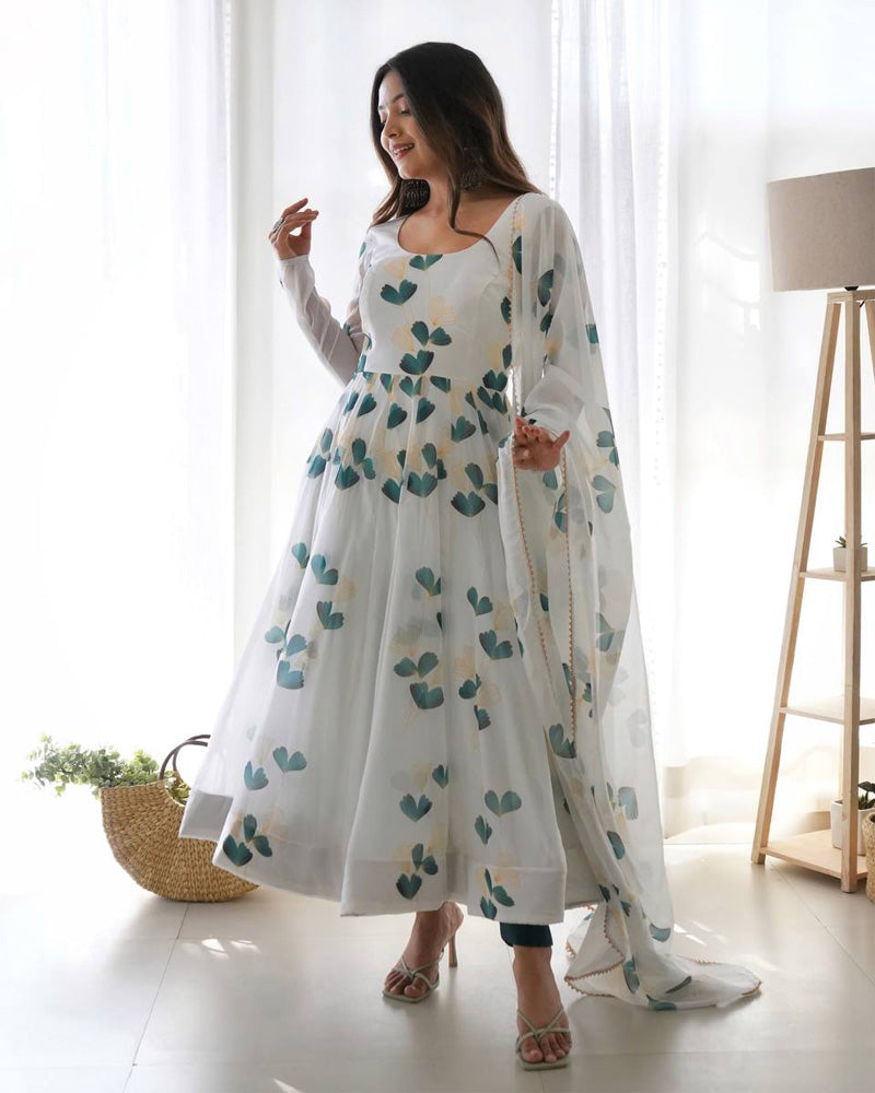 Green Leaf Print White Colour Organza Anarkali Suit With Dupatta Set