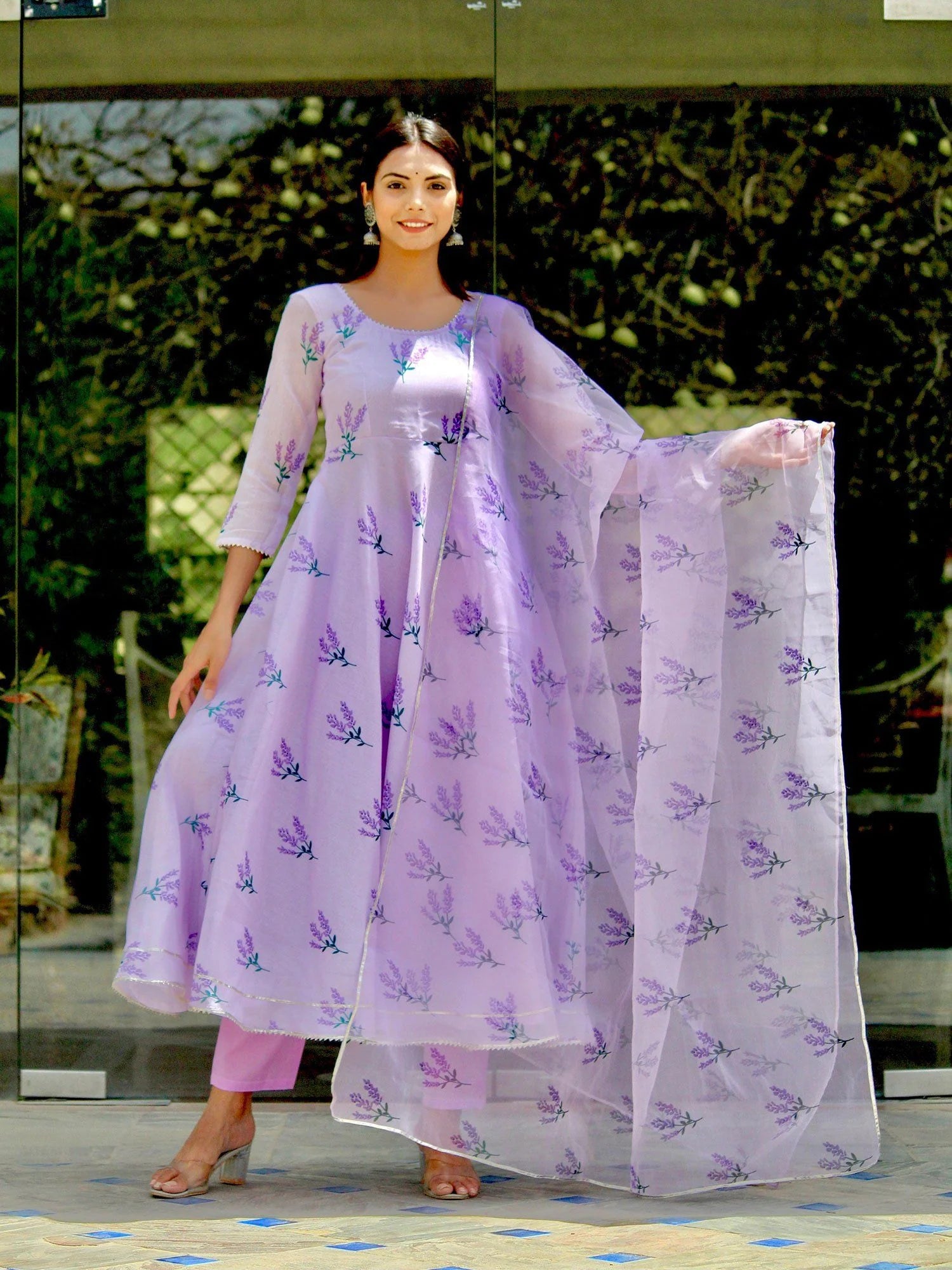 Lilac Gota Suit Anarkali Gown With Dupatta Set