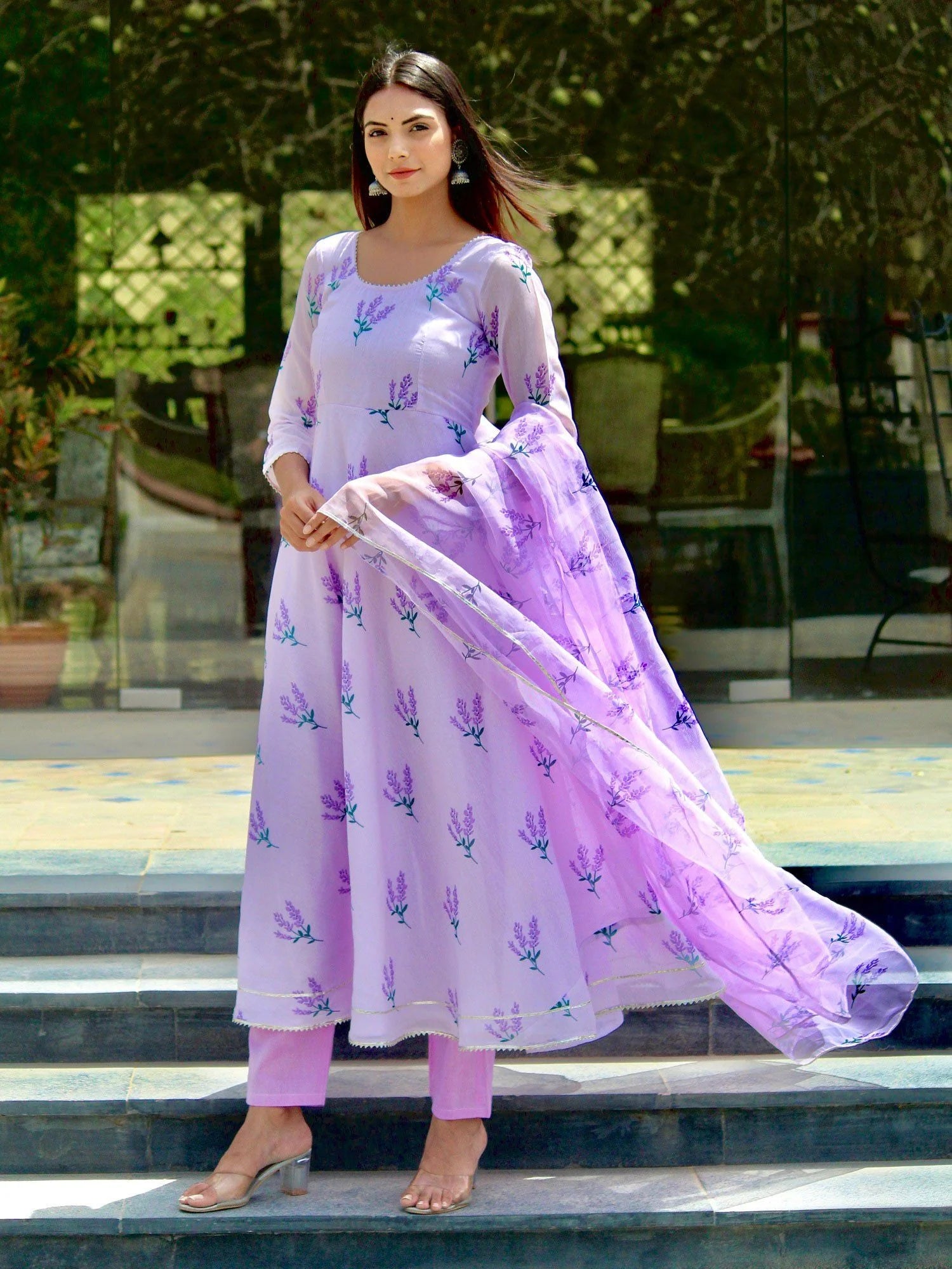 Lilac Gota Suit Anarkali Gown With Dupatta Set