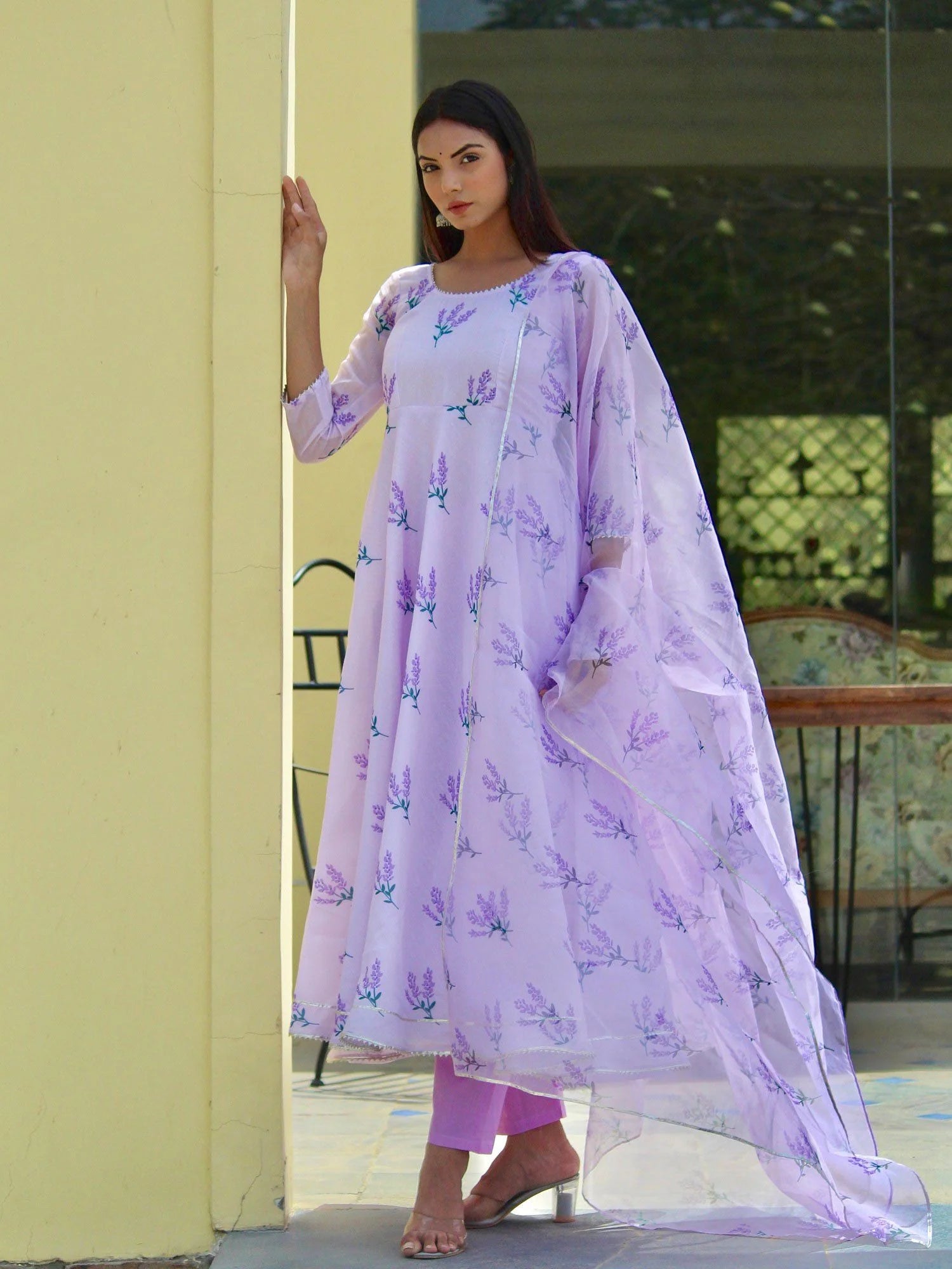 Lilac Gota Suit Anarkali Gown With Dupatta Set