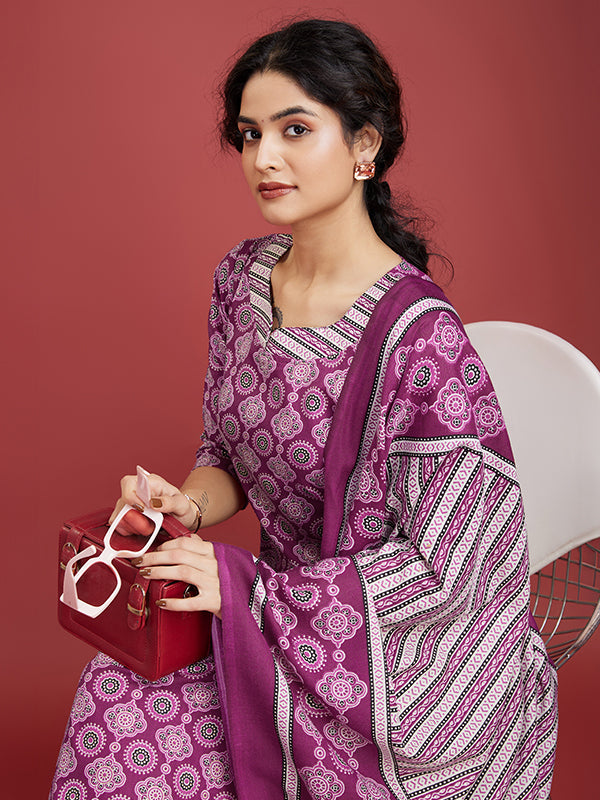 Dark Pink Cotton Printed Kurti With Pant & Dupatta Set