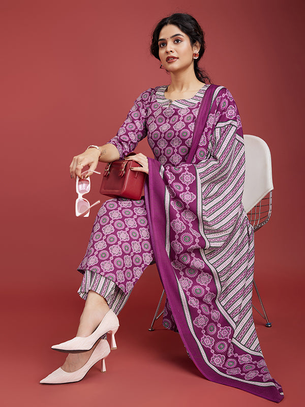 Dark Pink Cotton Printed Kurti With Pant & Dupatta Set