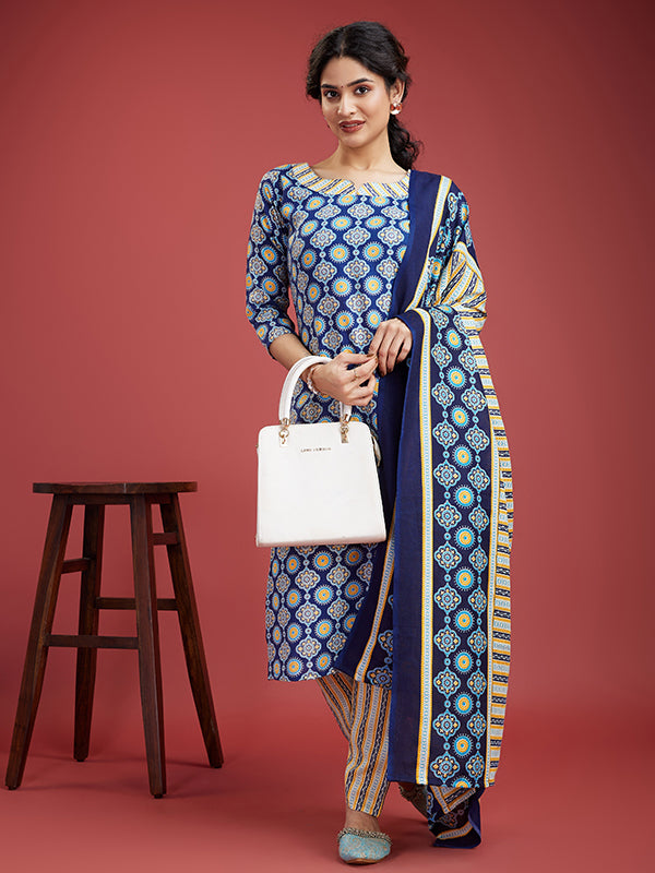 Dark Blue Cotton Printed Kurti With Pant & Dupatta Set