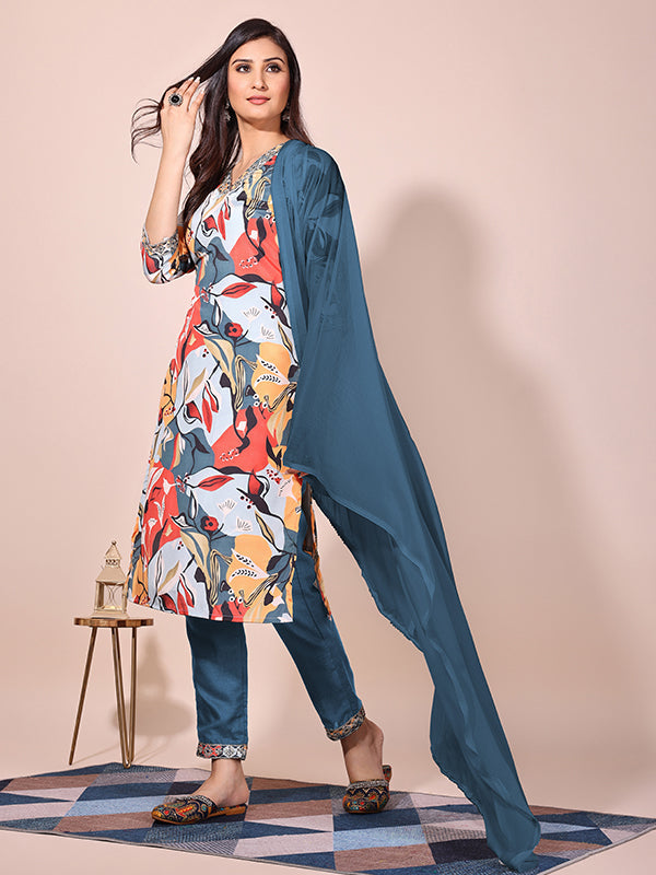 Multi Color Floral Printed Kurti With Pant & Dupatta Set