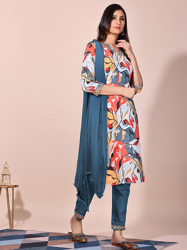 Multi Color Floral Printed Kurti With Pant & Dupatta Set