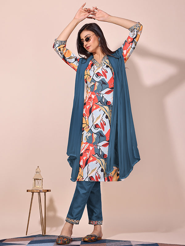 Multi Color Floral Printed Kurti With Pant & Dupatta Set