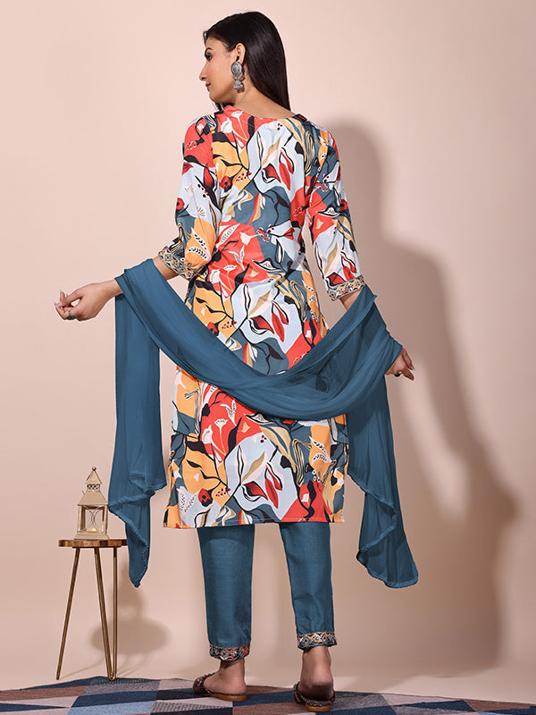 Multi Color Floral Printed Kurti With Pant & Dupatta Set