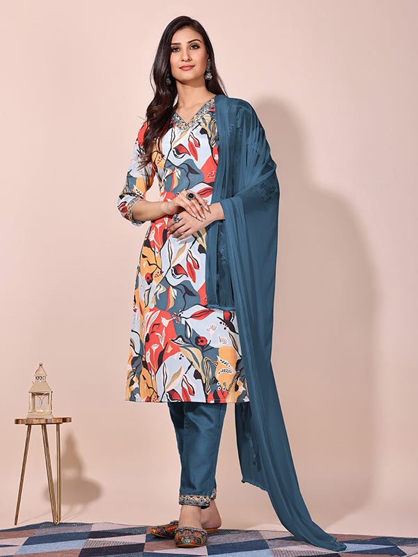 Multi Color Floral Printed Kurti With Pant & Dupatta Set