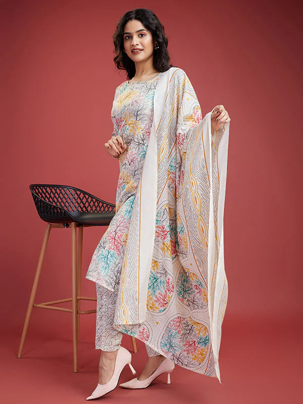 Cream Floral Cotton Printed Kurti With Pant & Dupatta Set