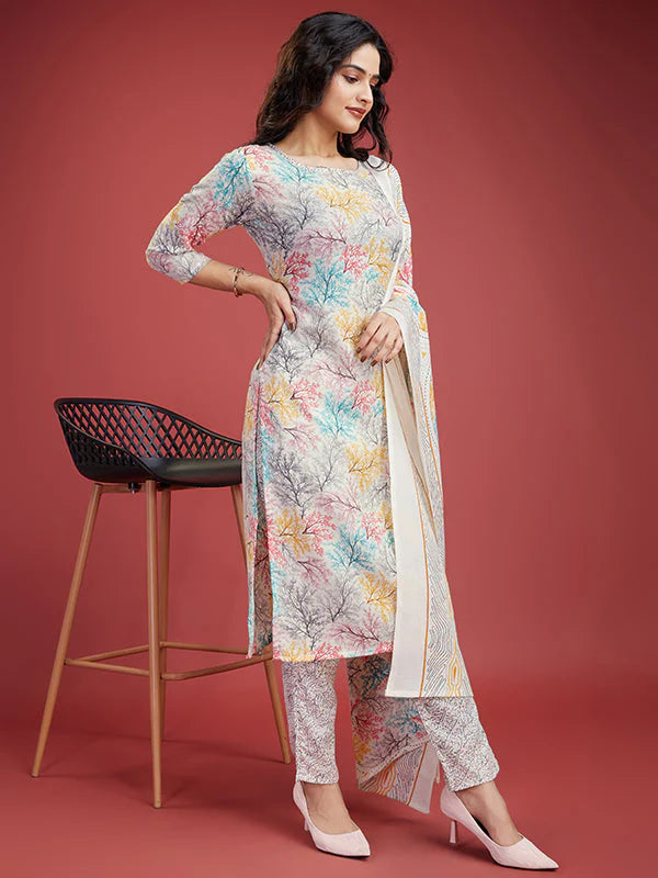 Cream Floral Cotton Printed Kurti With Pant & Dupatta Set