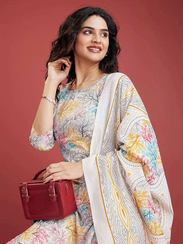 Cream Floral Cotton Printed Kurti With Pant & Dupatta Set