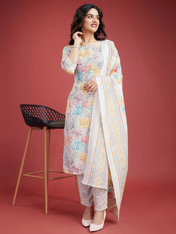 Cream Floral Cotton Printed Kurti With Pant & Dupatta Set