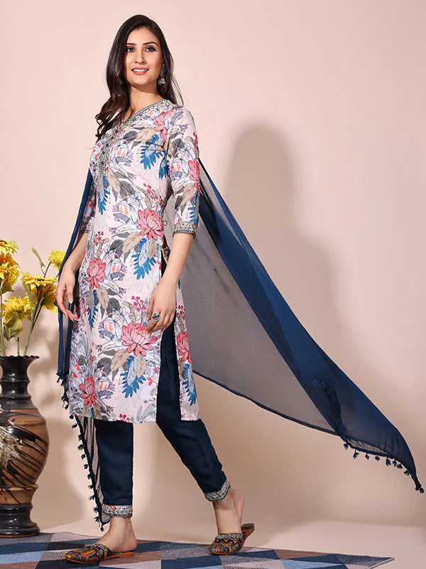 White Blue Floral Printed Kurti With Pant & Dupatta Set